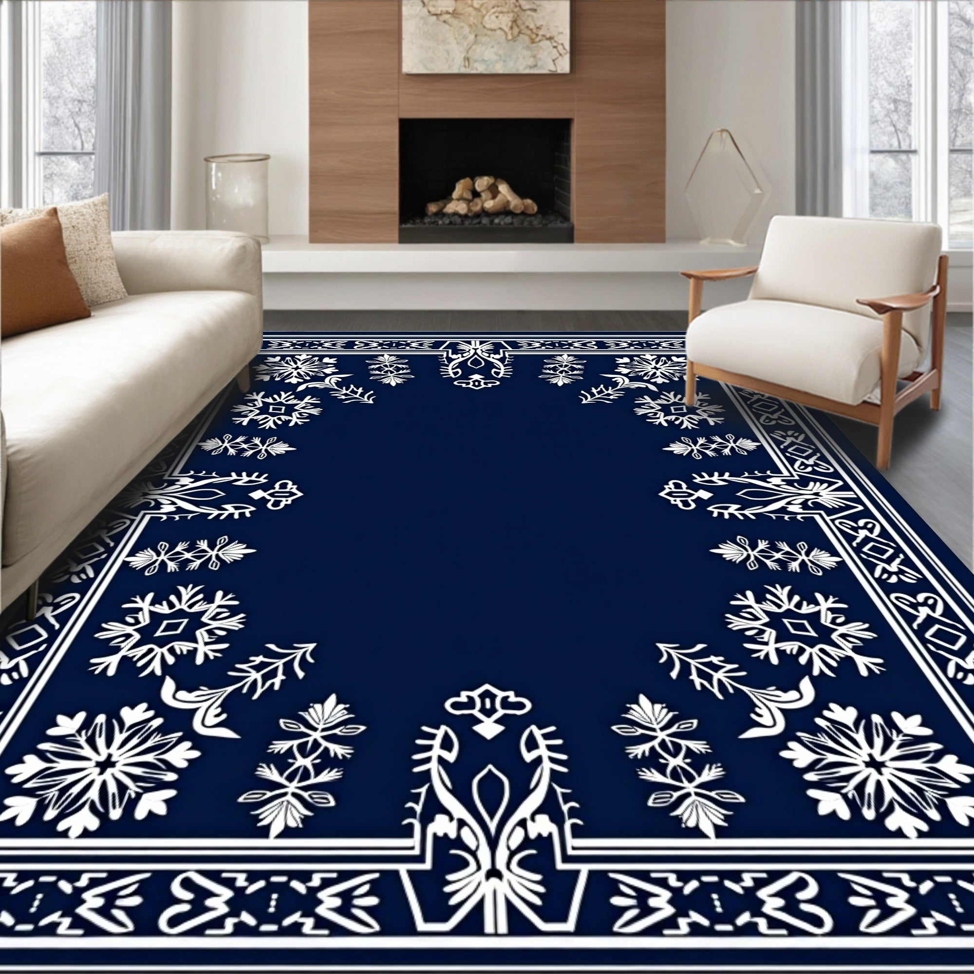 Midnight Blue Floral Medallion Frame Rug