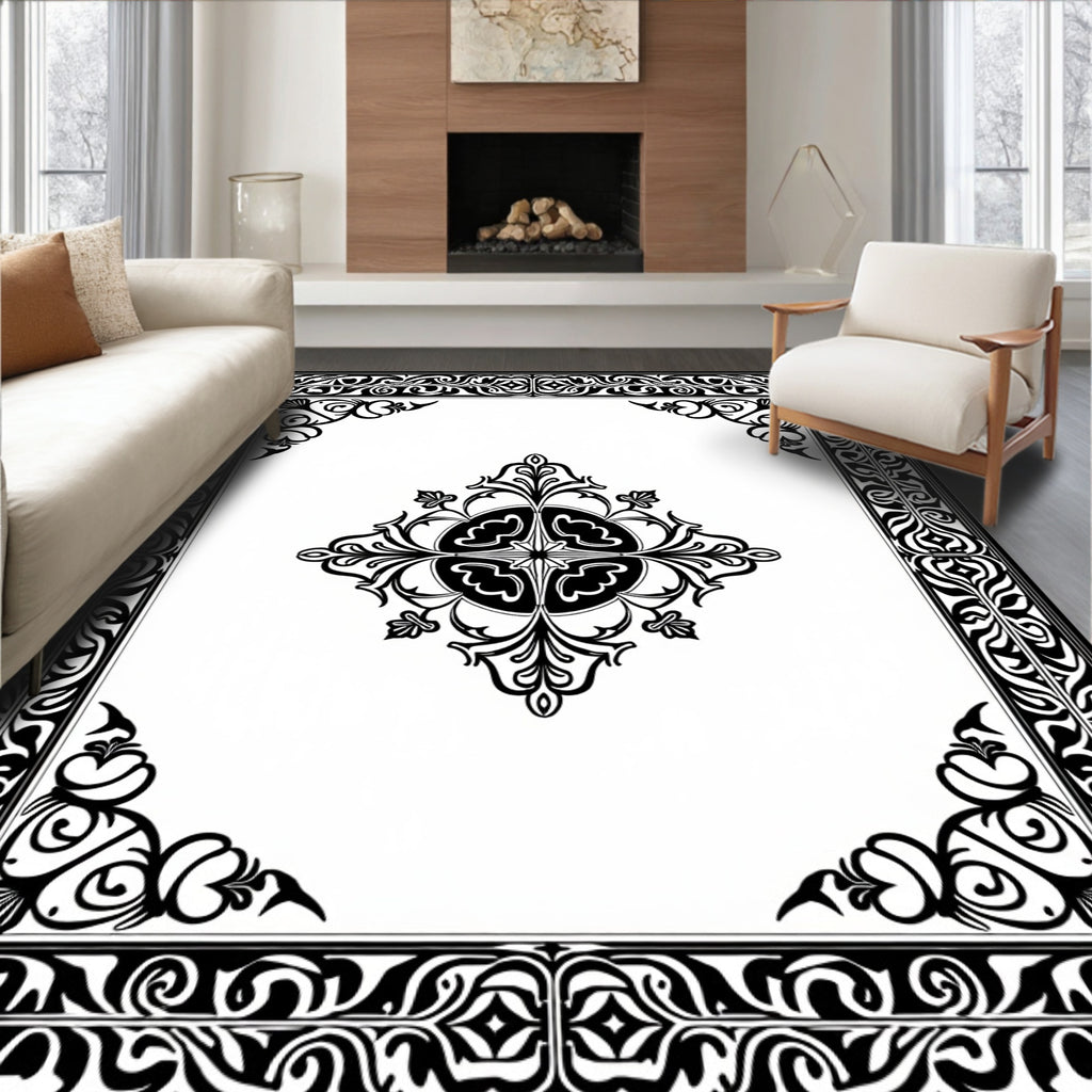 Ornate Black White Scrollwork Medallion Rug