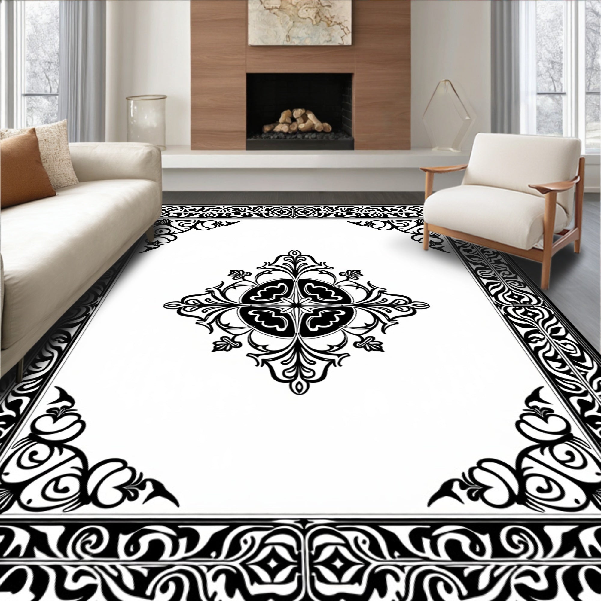 Ornate Black White Scrollwork Medallion Rug