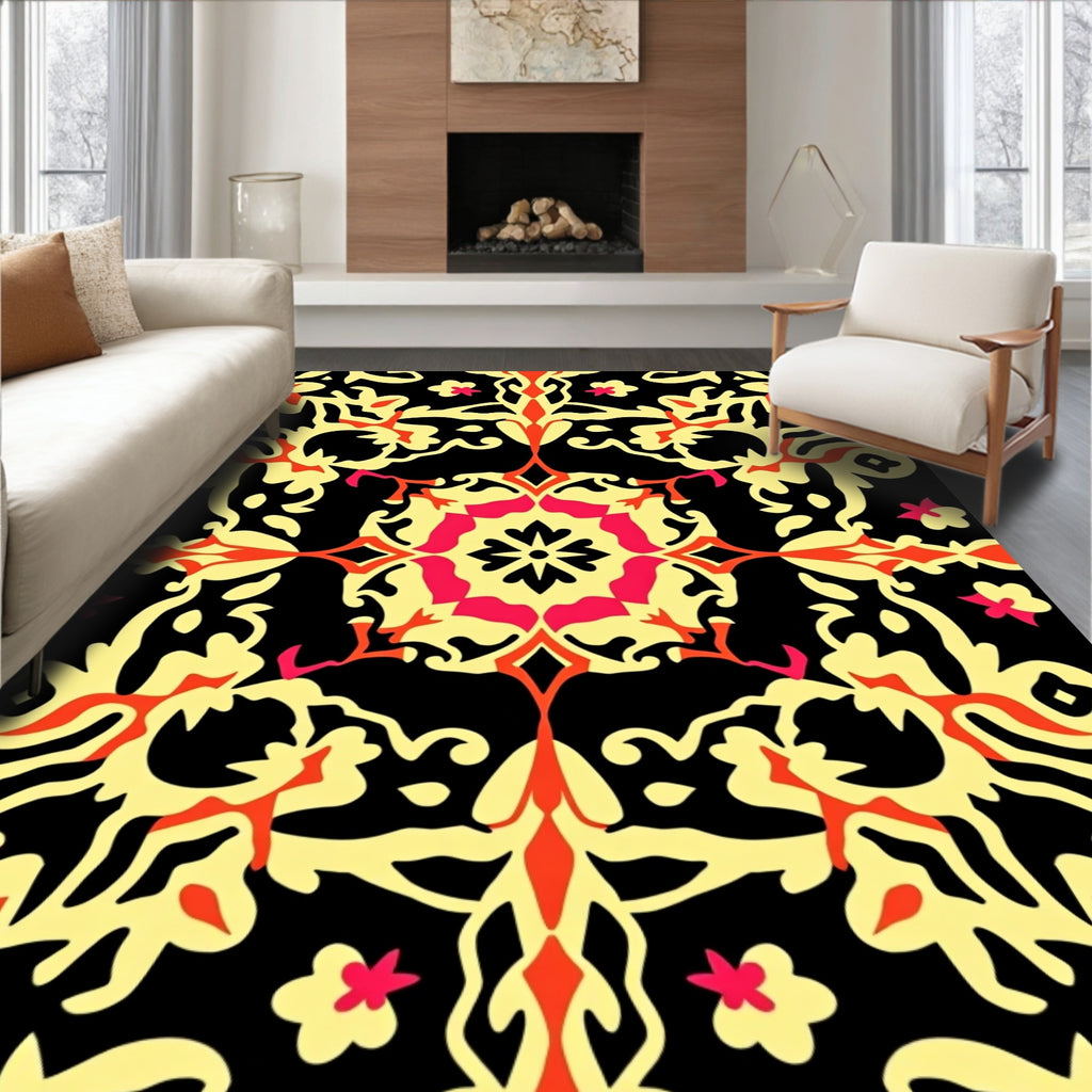 Vibrant Yellow Red Floral Medallion Rug