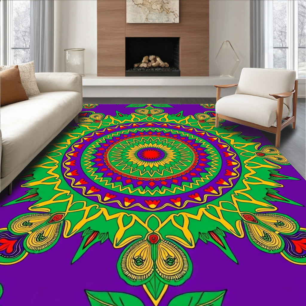 Vibrant Purple Green Medallion Art Rug