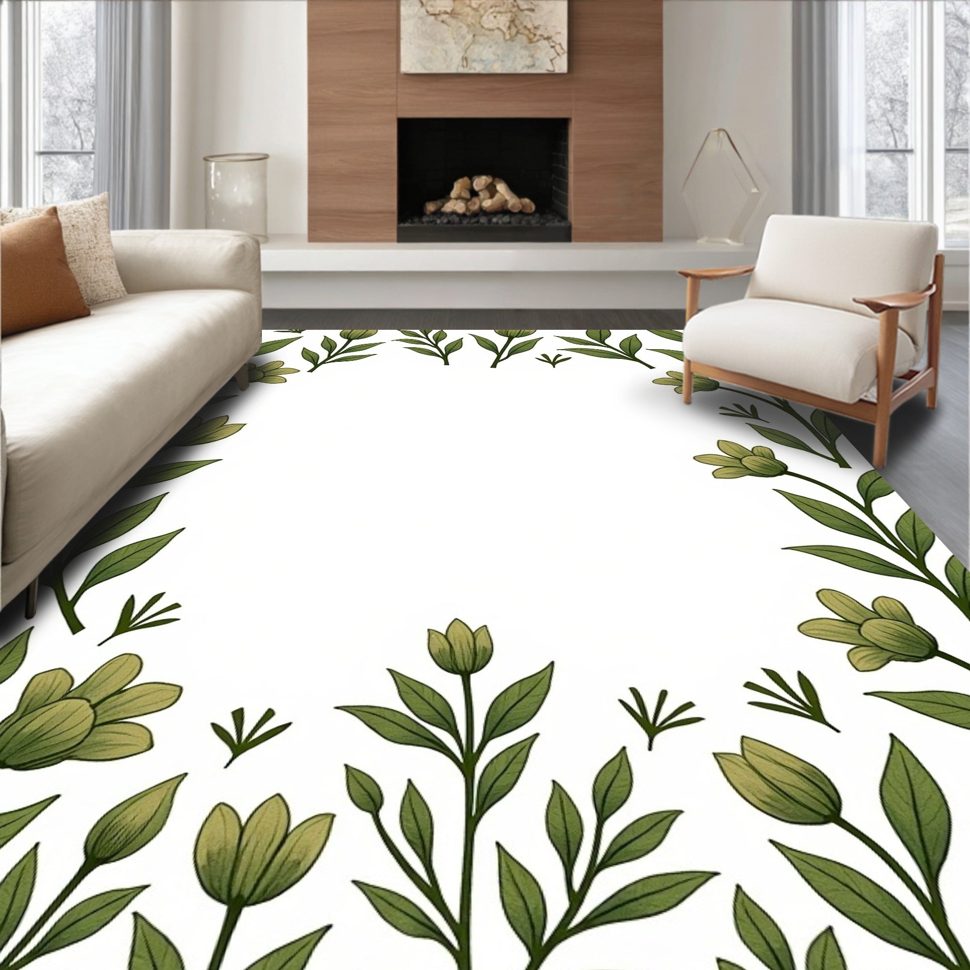 Green Floral Vine Border Rug