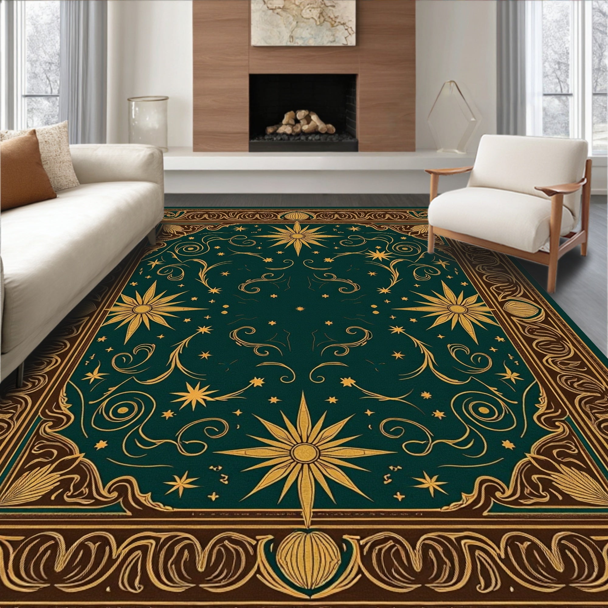 Celestial Gold and Teal Starburst Rug