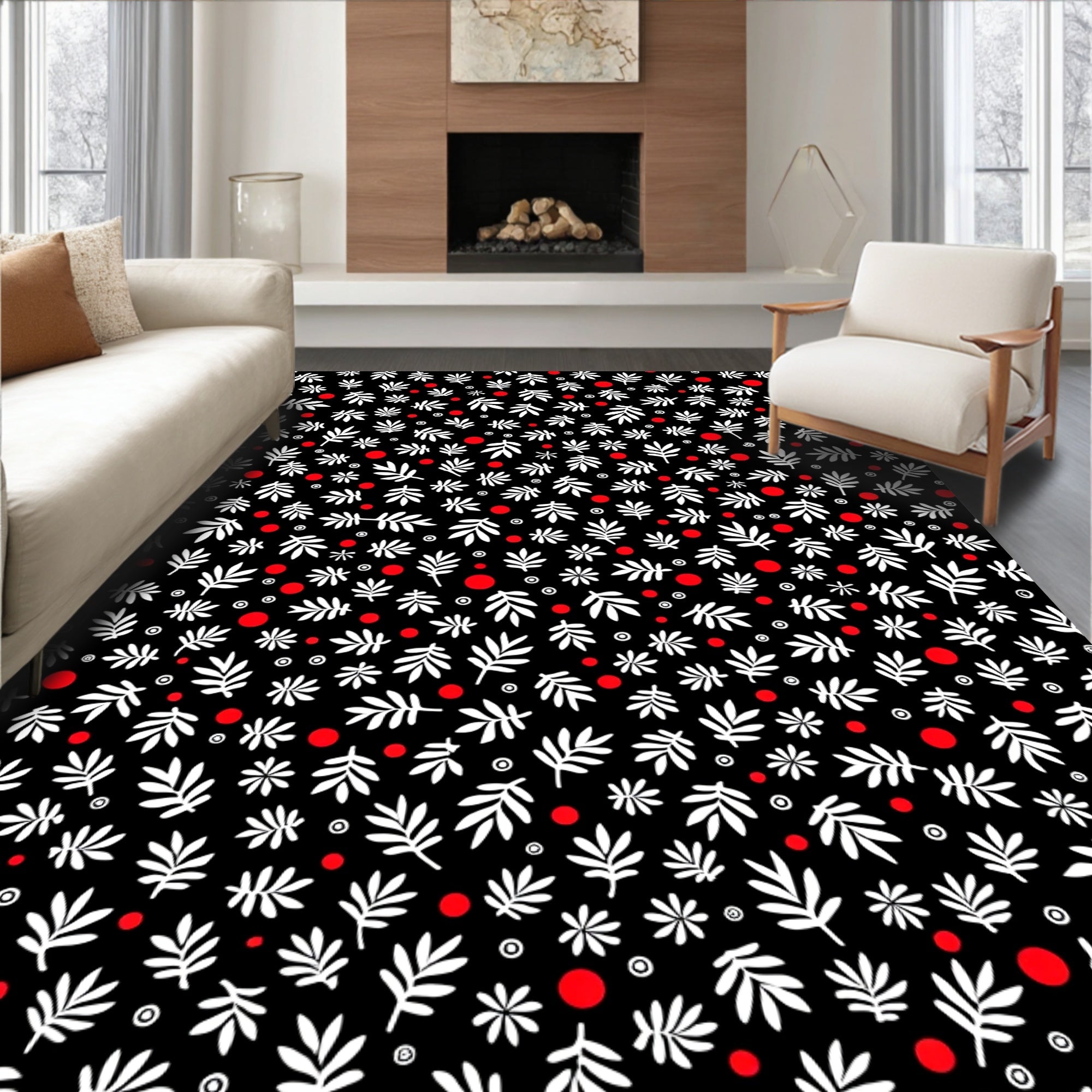 Whimsical White Foliage Red Dots Rug