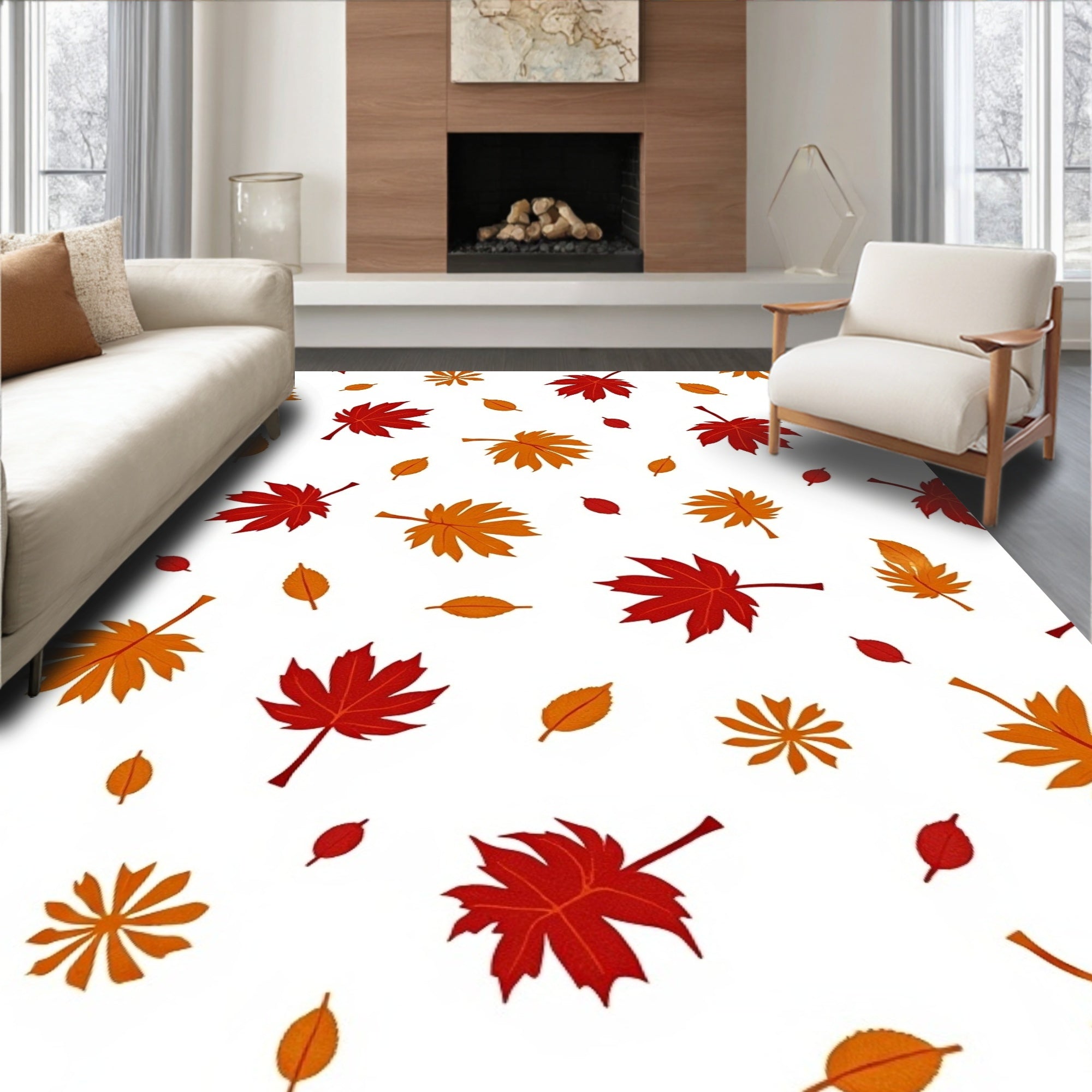 Autumn Red Orange Falling Leaves Rug