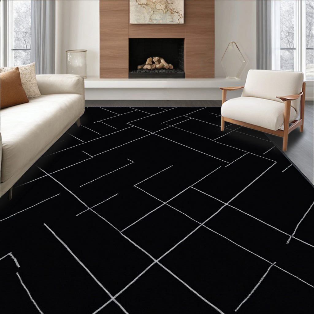Modern Black White Geometric Line Rug