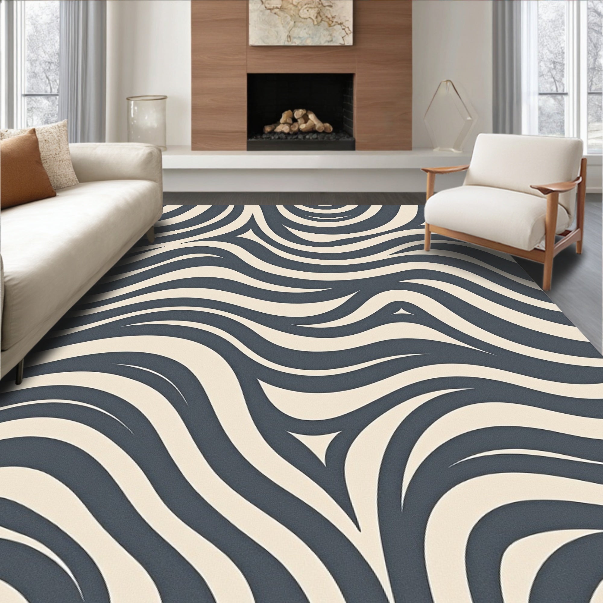 Abstract Navy Cream Flow Rug