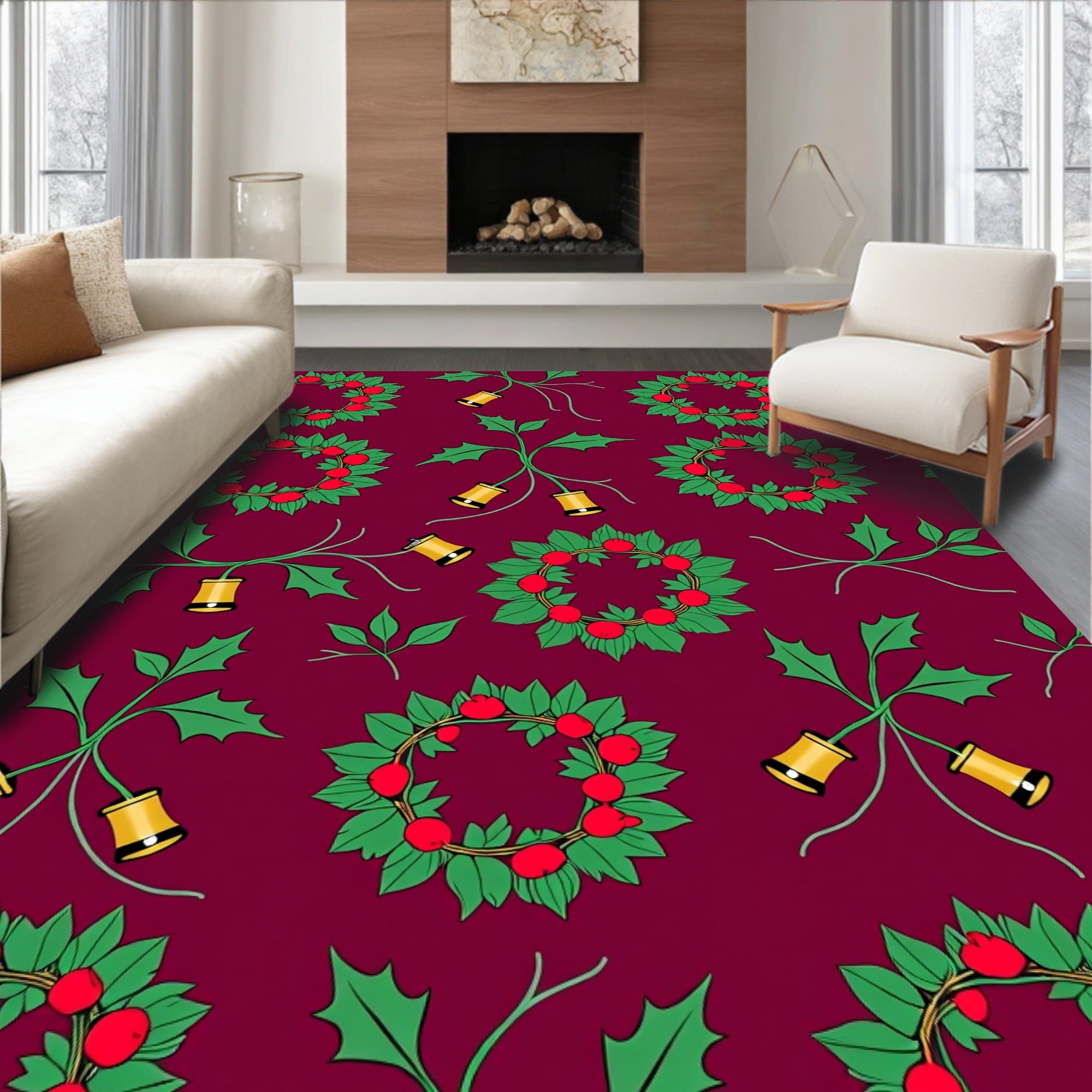 Crimson Holly Berry Bell Wreath Rug
