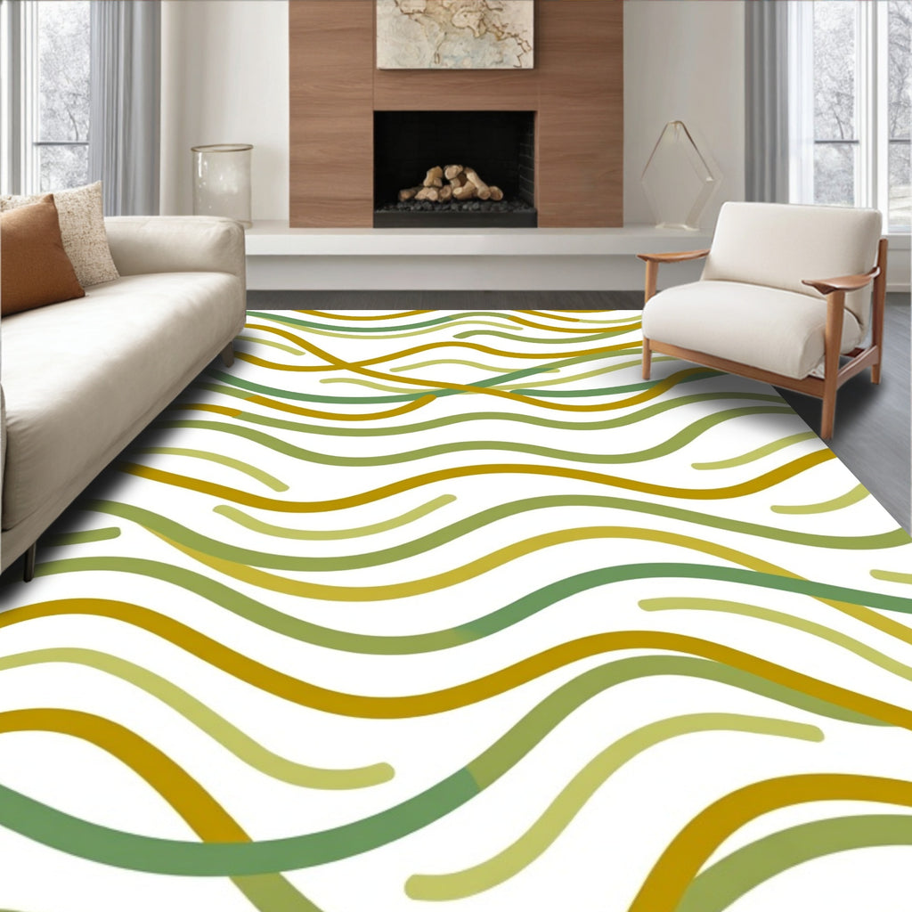 Earthy Green and Gold Wavy Lines Rug