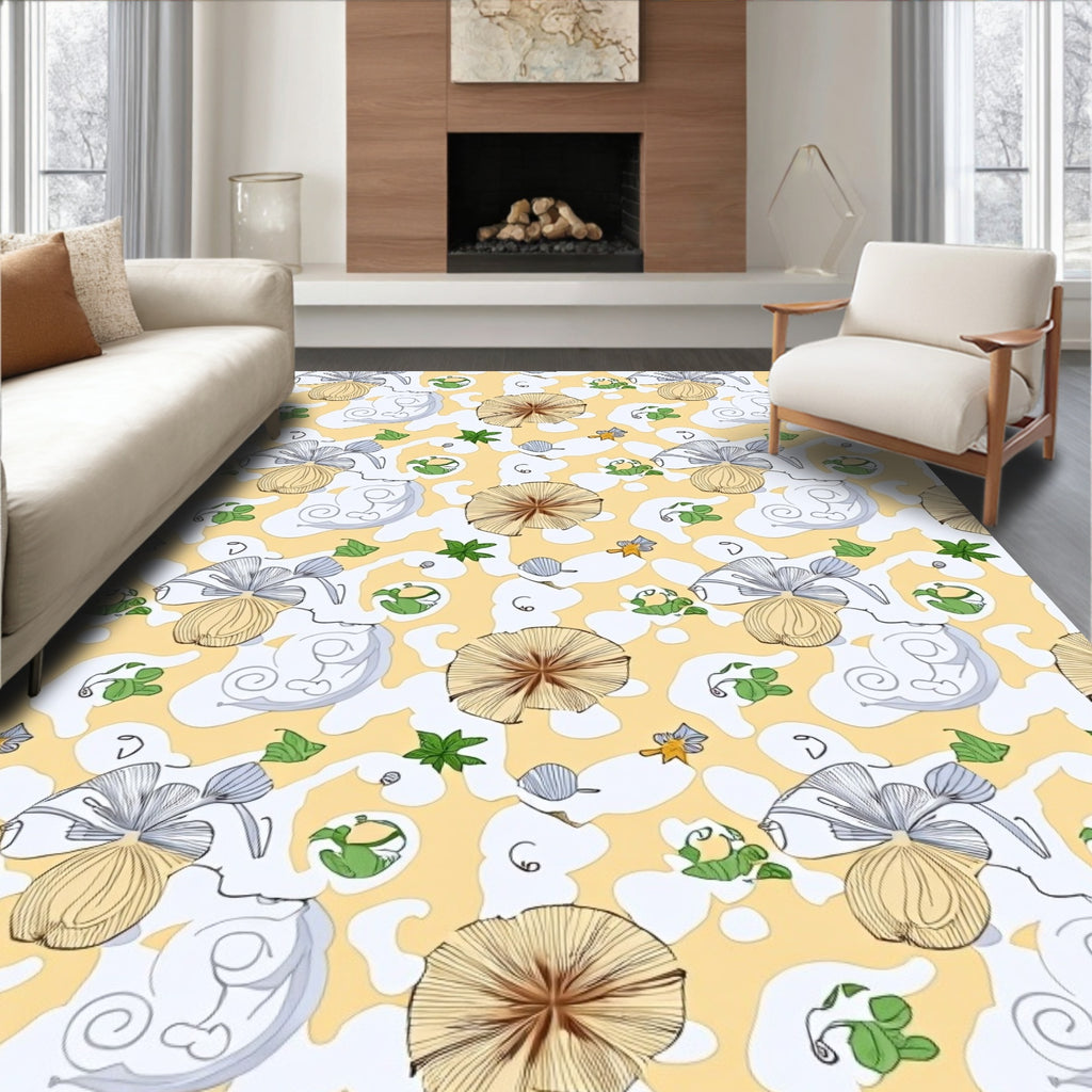 Whimsical Yellow Floral Mushroom Sky Rug