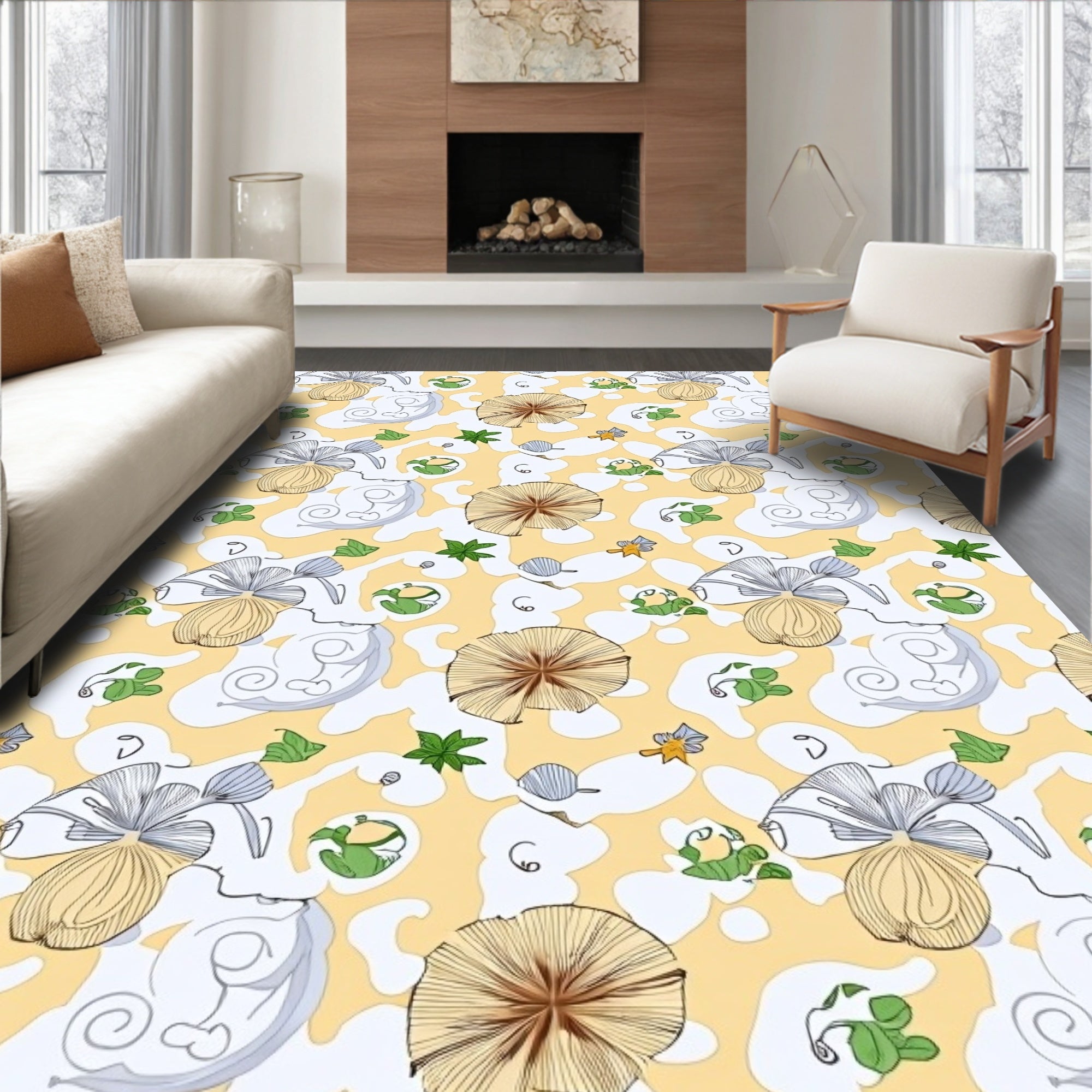 Whimsical Yellow Floral Mushroom Sky Rug