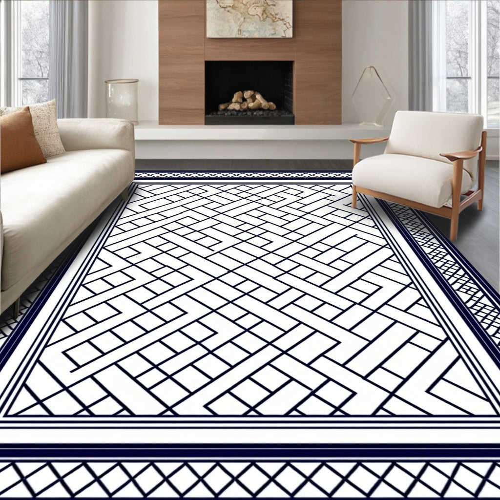 Dark Blue Lattice Geometric Border Rug