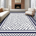 Dark Blue Lattice Geometric Border Rug