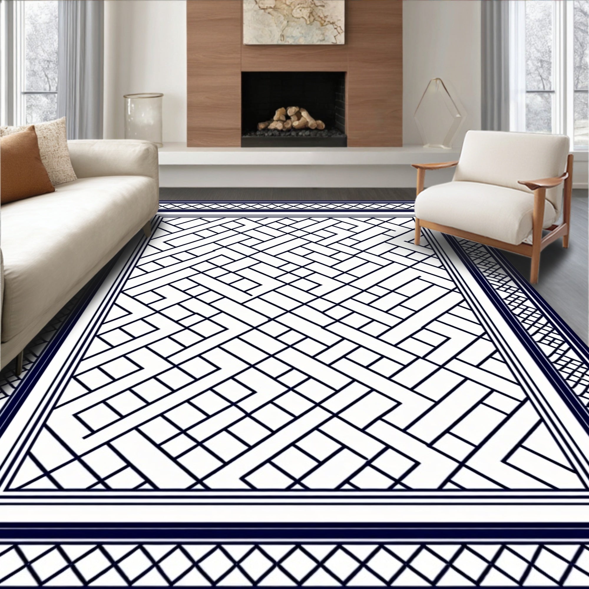 Dark Blue Lattice Geometric Border Rug