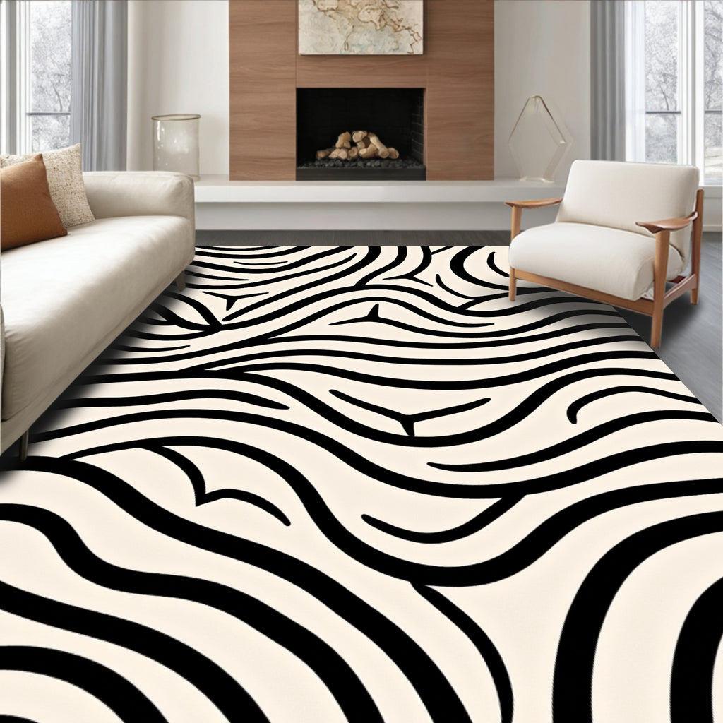 Abstract Black White Wave Rug