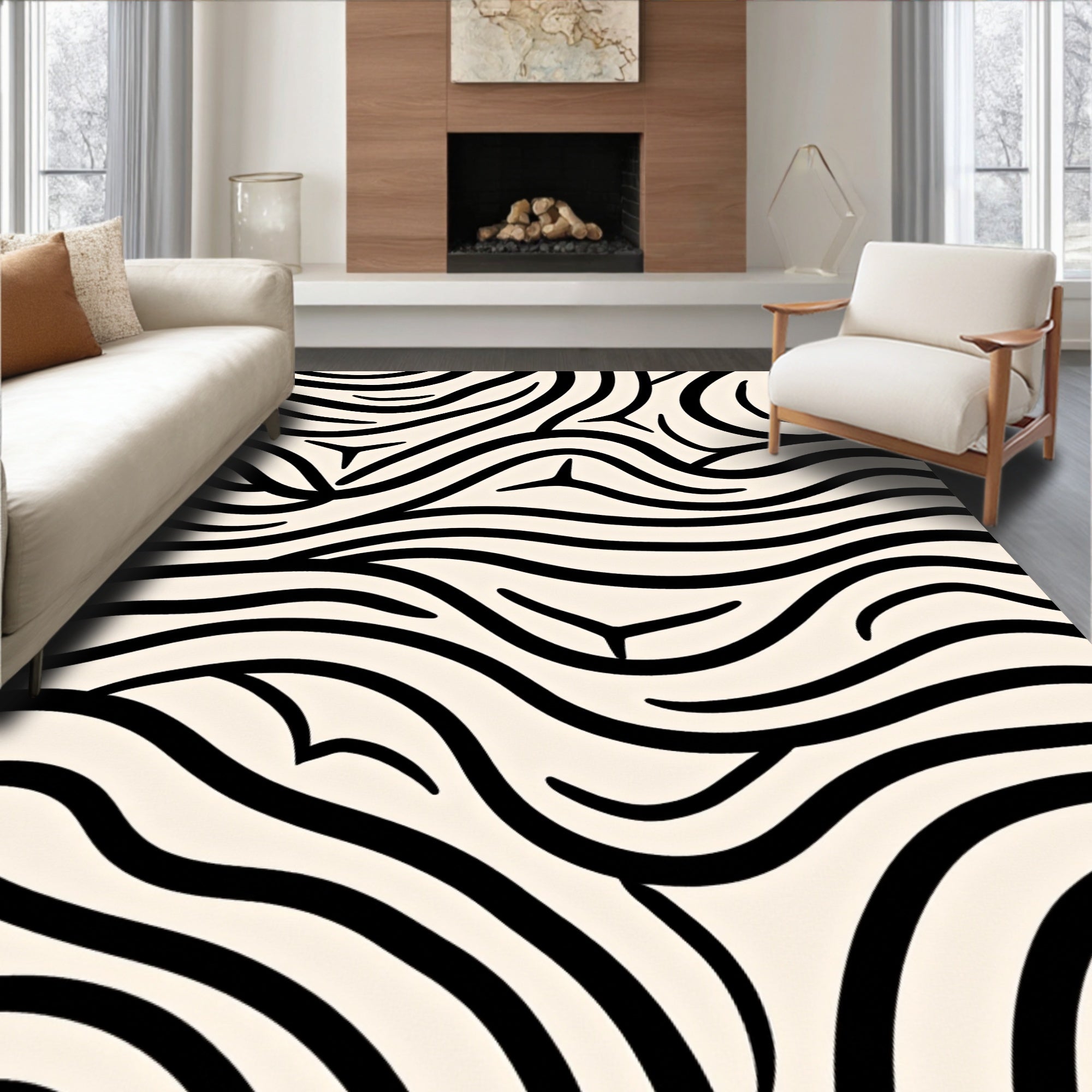 Abstract Black White Wave Rug