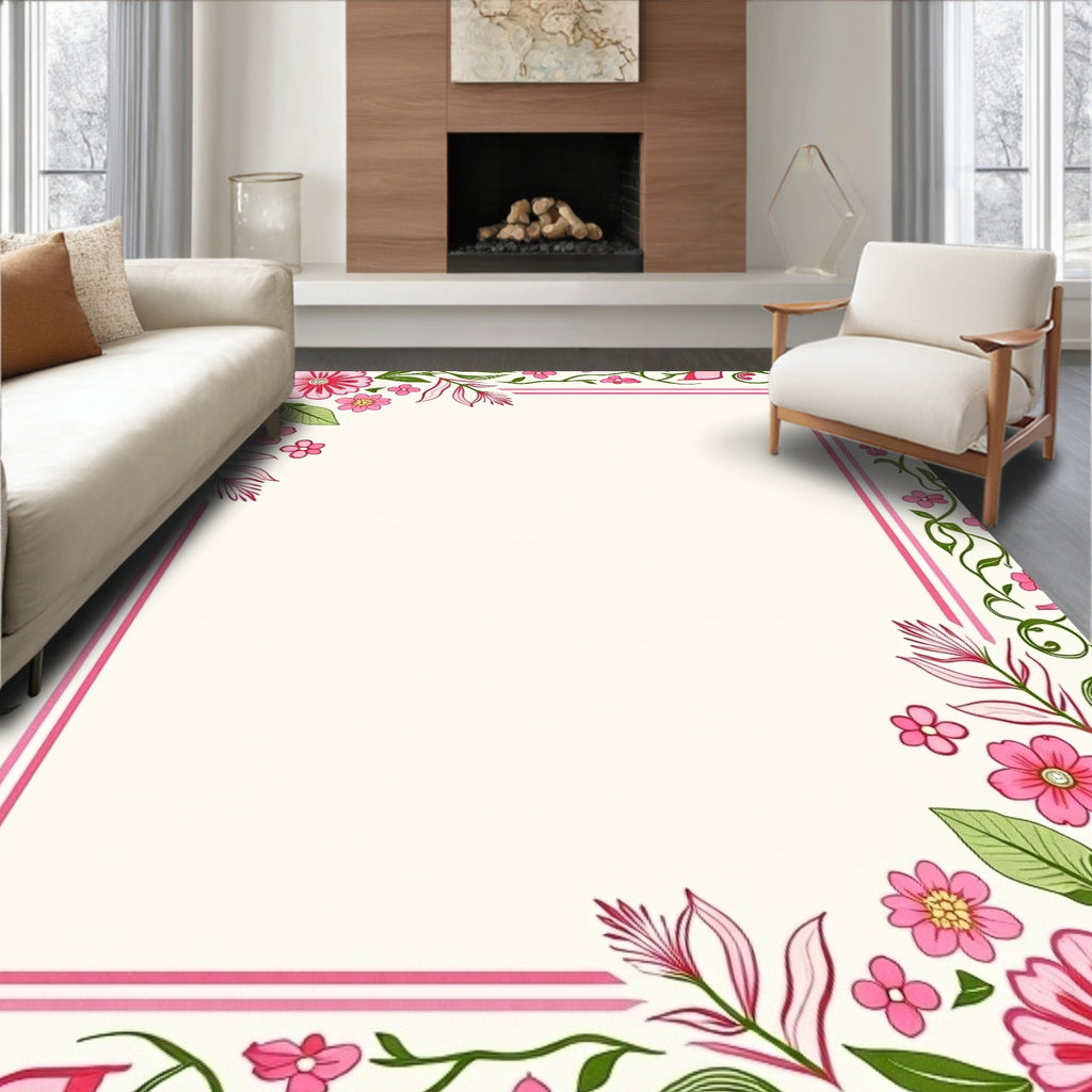 Sweet Pink Floral Border Arrangement Rug