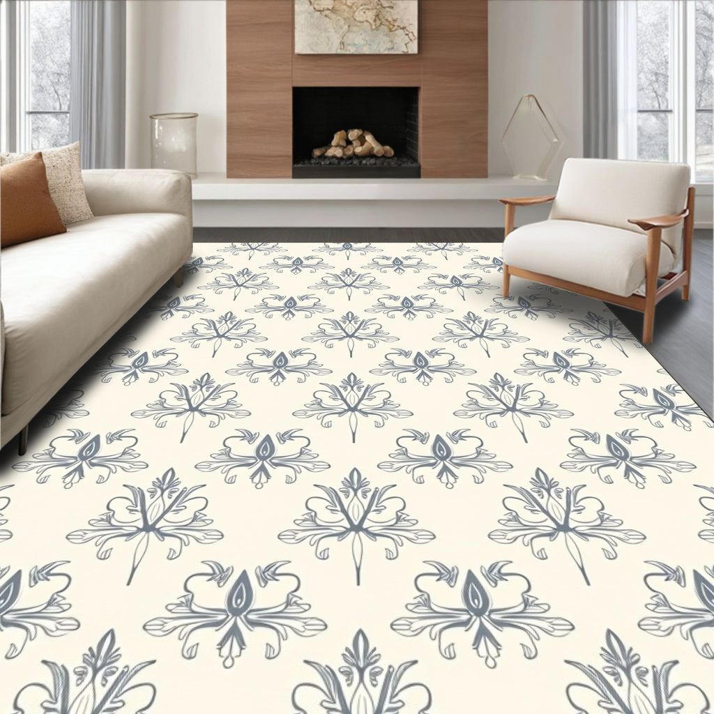 Ecru Damask Scroll Work Rug