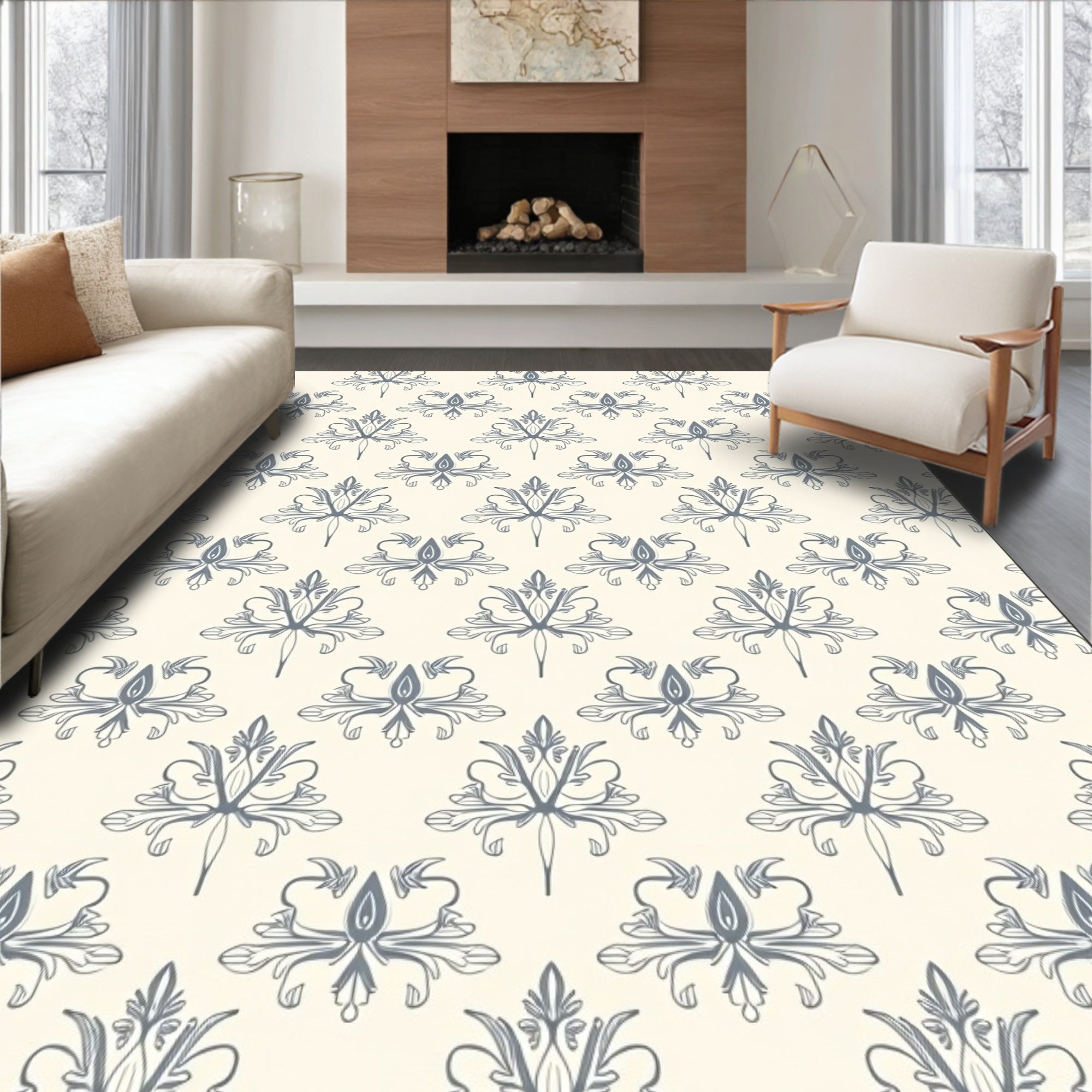 Ecru Damask Scroll Work Rug