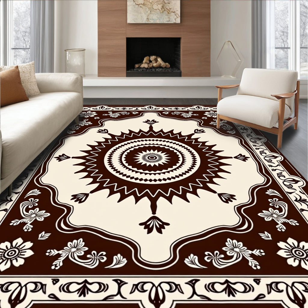 Cream and Brown Sunburst Floral Border Rug