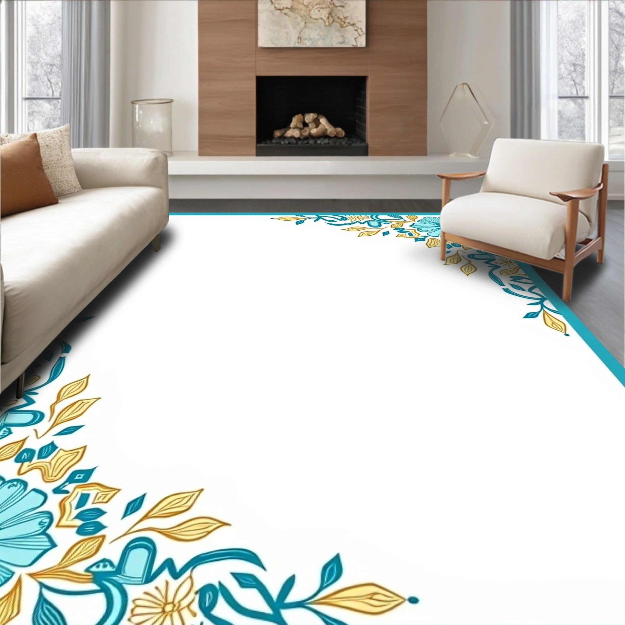 Turquoise Golden Floral Corner Accents Rug