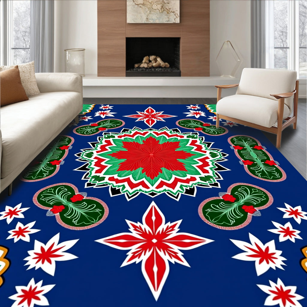 Vibrant Red Green Folk Art Medallion Rug