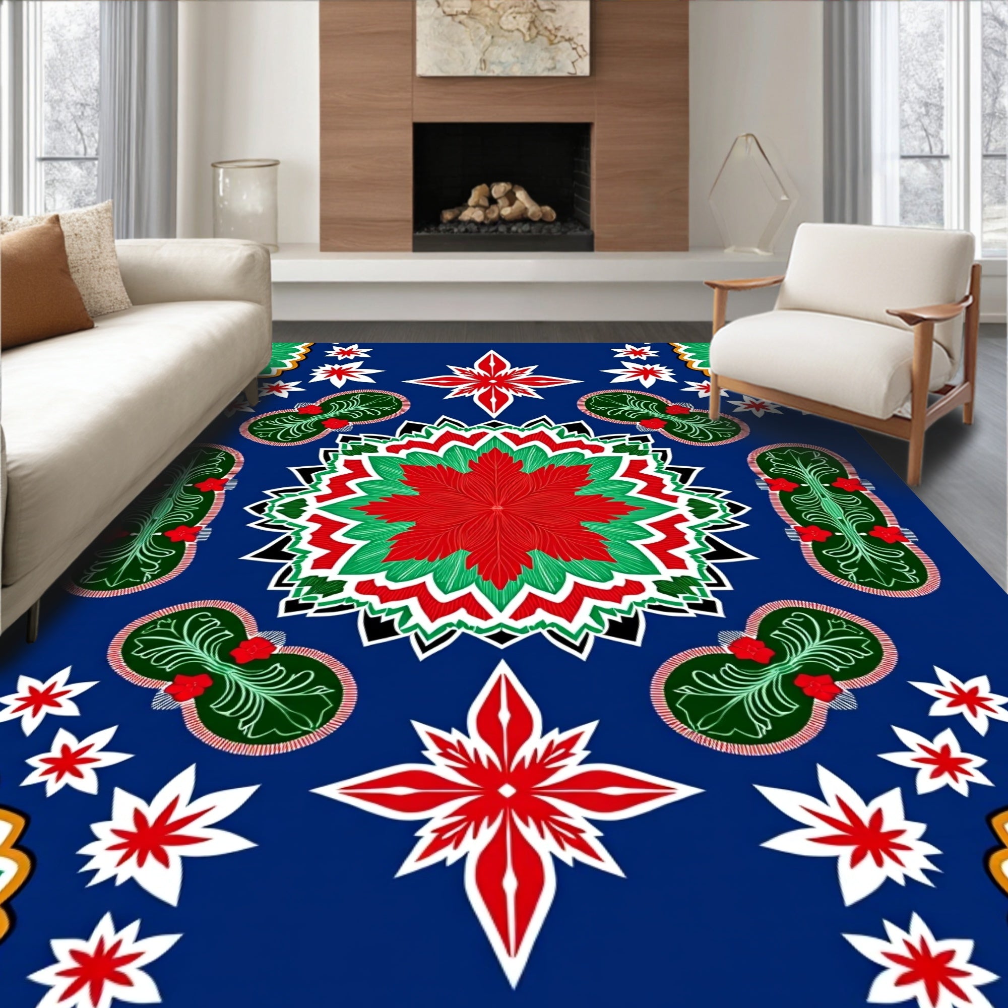 Vibrant Red Green Folk Art Medallion Rug