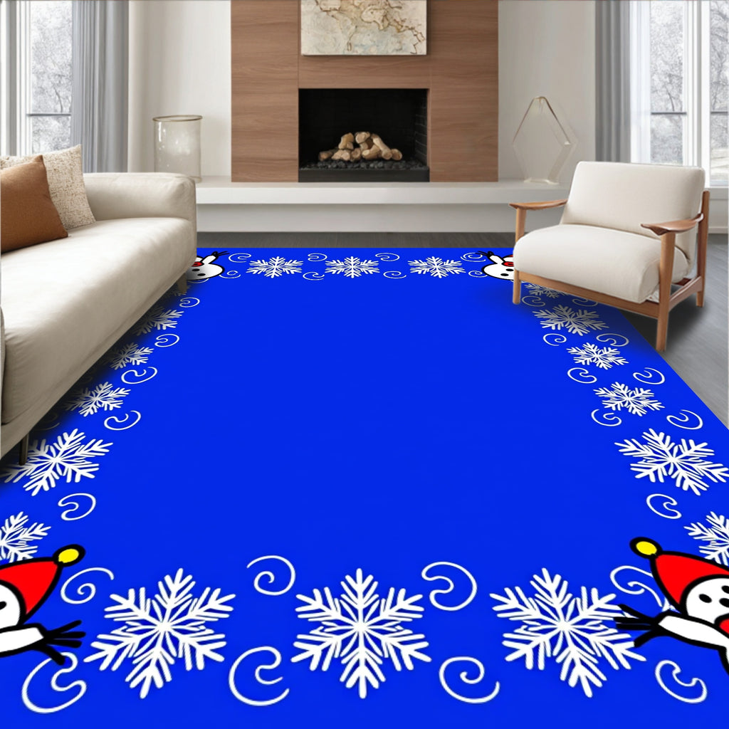 Festive Blue Snowman Snowflake Border Rug