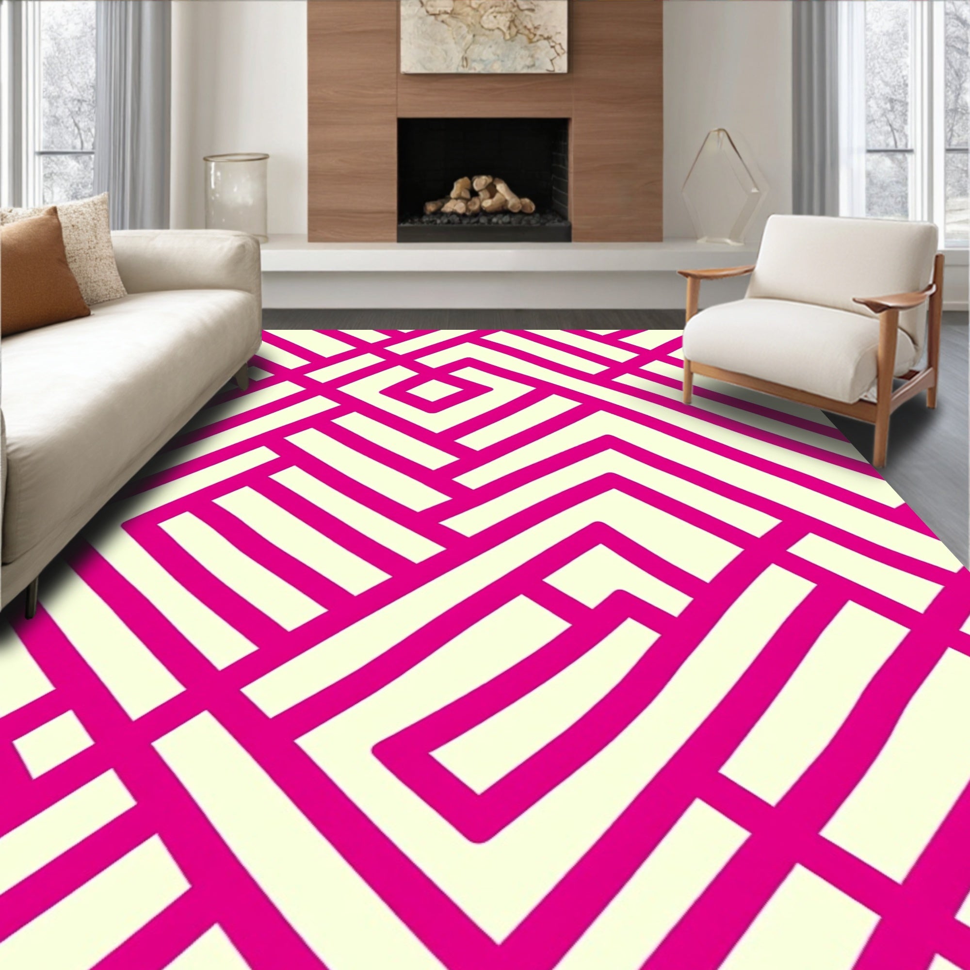Bold Magenta Geometric Maze Rug