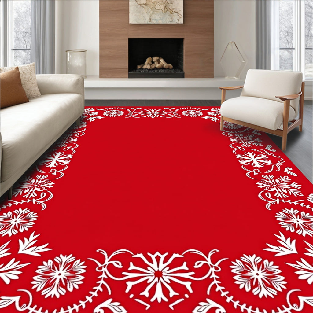 Vibrant Red Floral Snowflake Border Rug