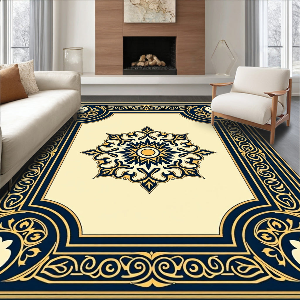 Ornate Navy Gold Floral Medallion Rug