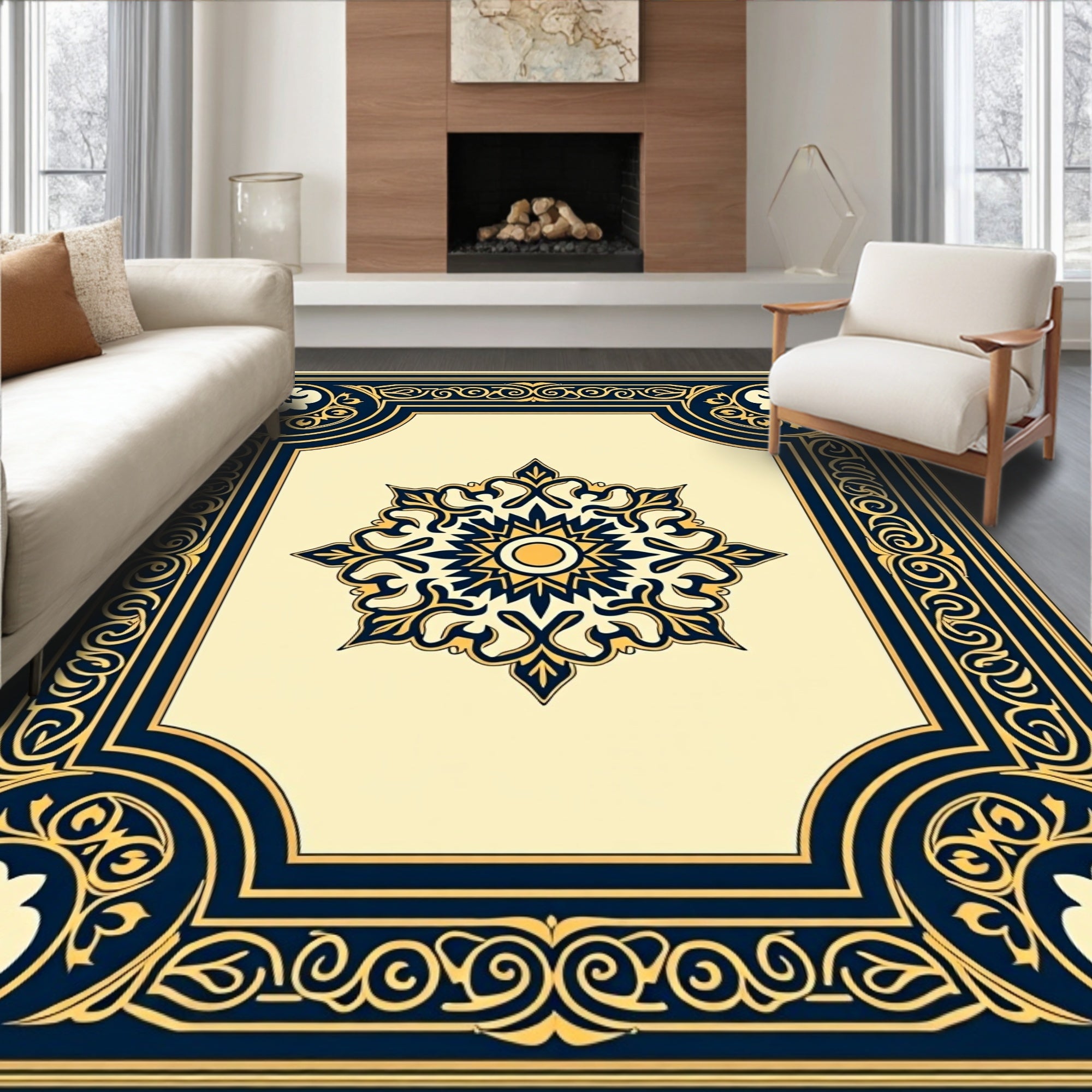 Ornate Navy Gold Floral Medallion Rug