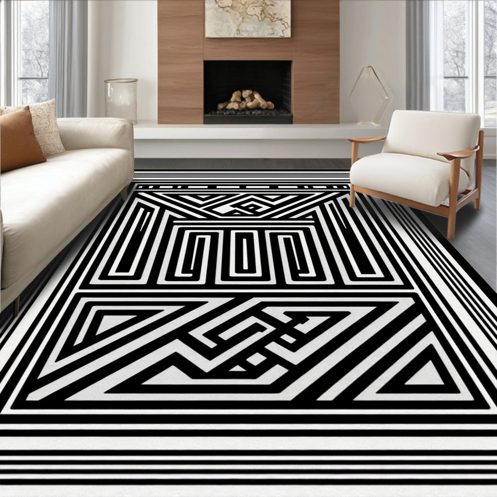Monochrome Angular Labyrinth Floor Art Rug