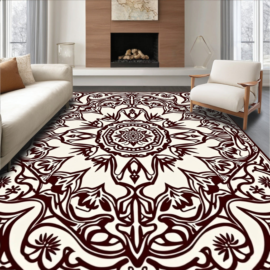 Ornate Deep Crimson Symmetry Mandala Rug