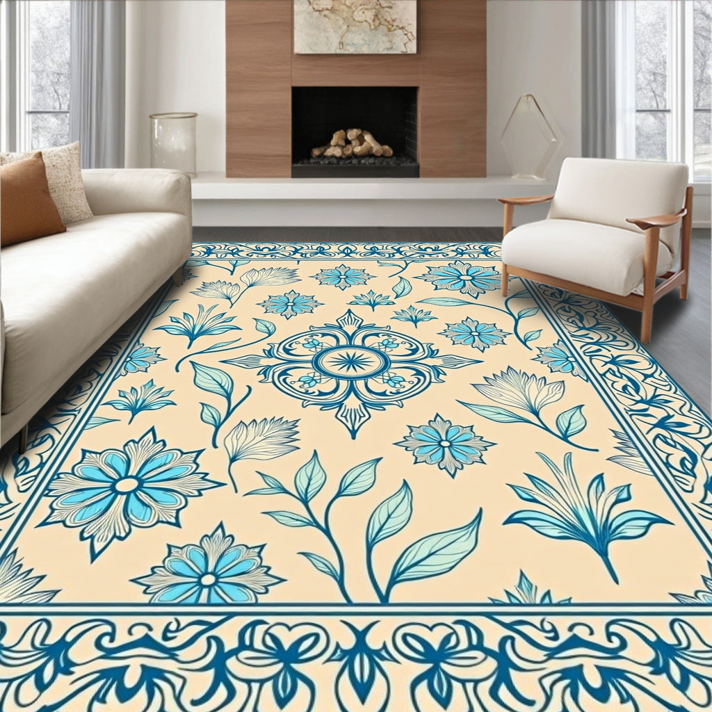 Aesthetic Blue Floral Medallion Border Rug