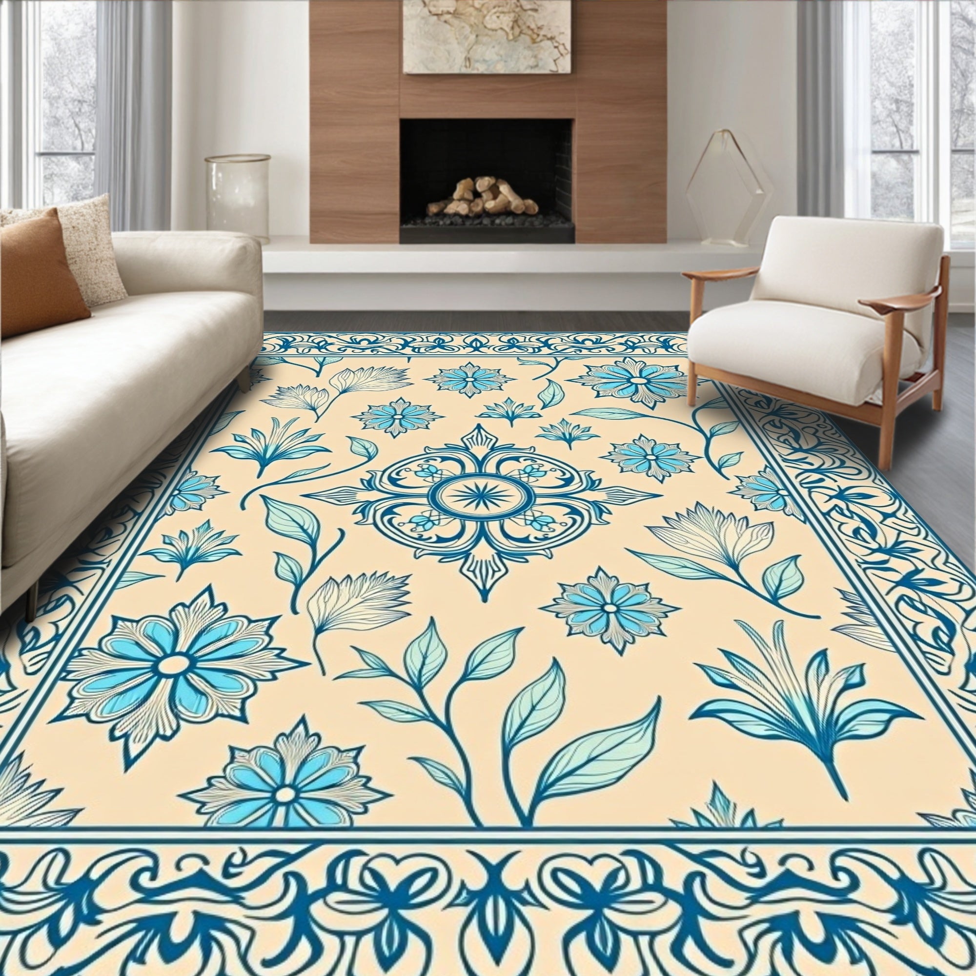 Aesthetic Blue Floral Medallion Border Rug