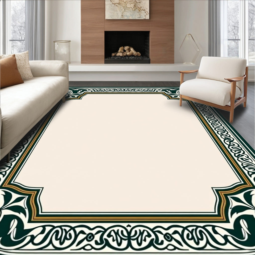 Ornate Green Gold Floral Frame Rug