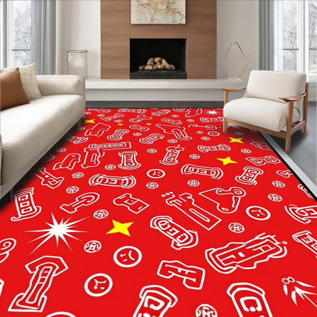 Red White Abstract Graffiti Shapes Rug