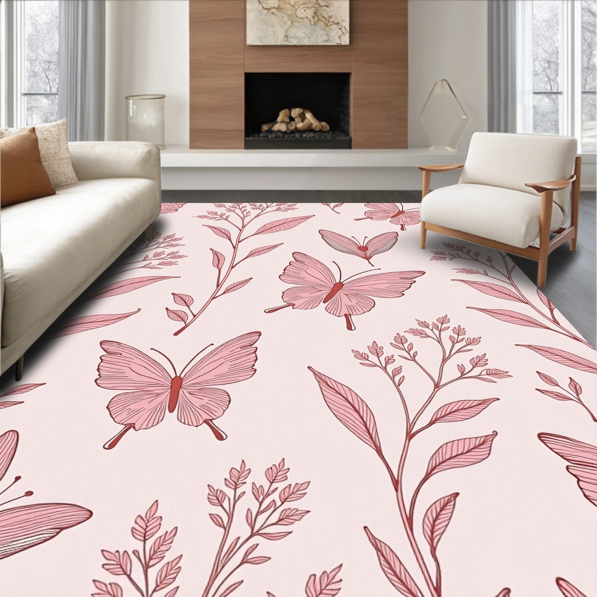 Pink Blush Butterfly Floral Meadow Rug