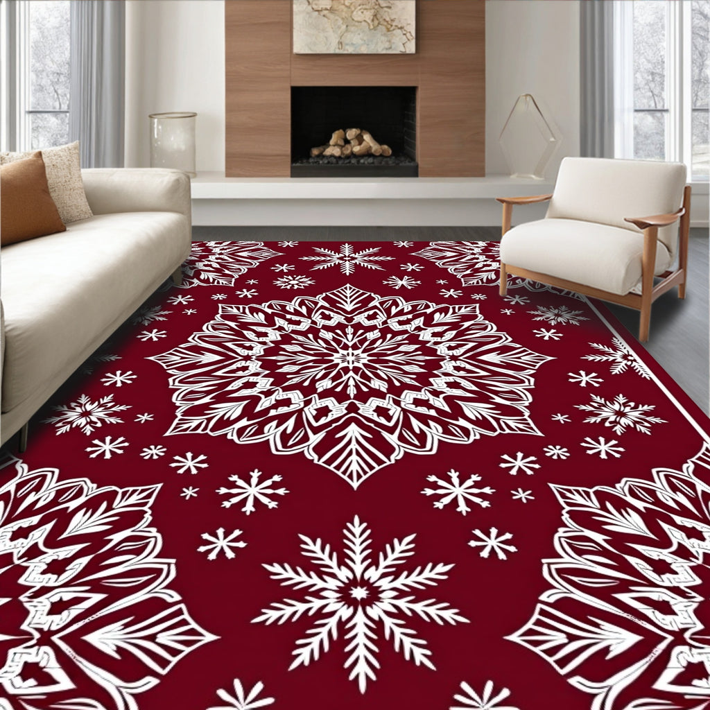 Ornate White Snowflake Mandala Crimson Rug