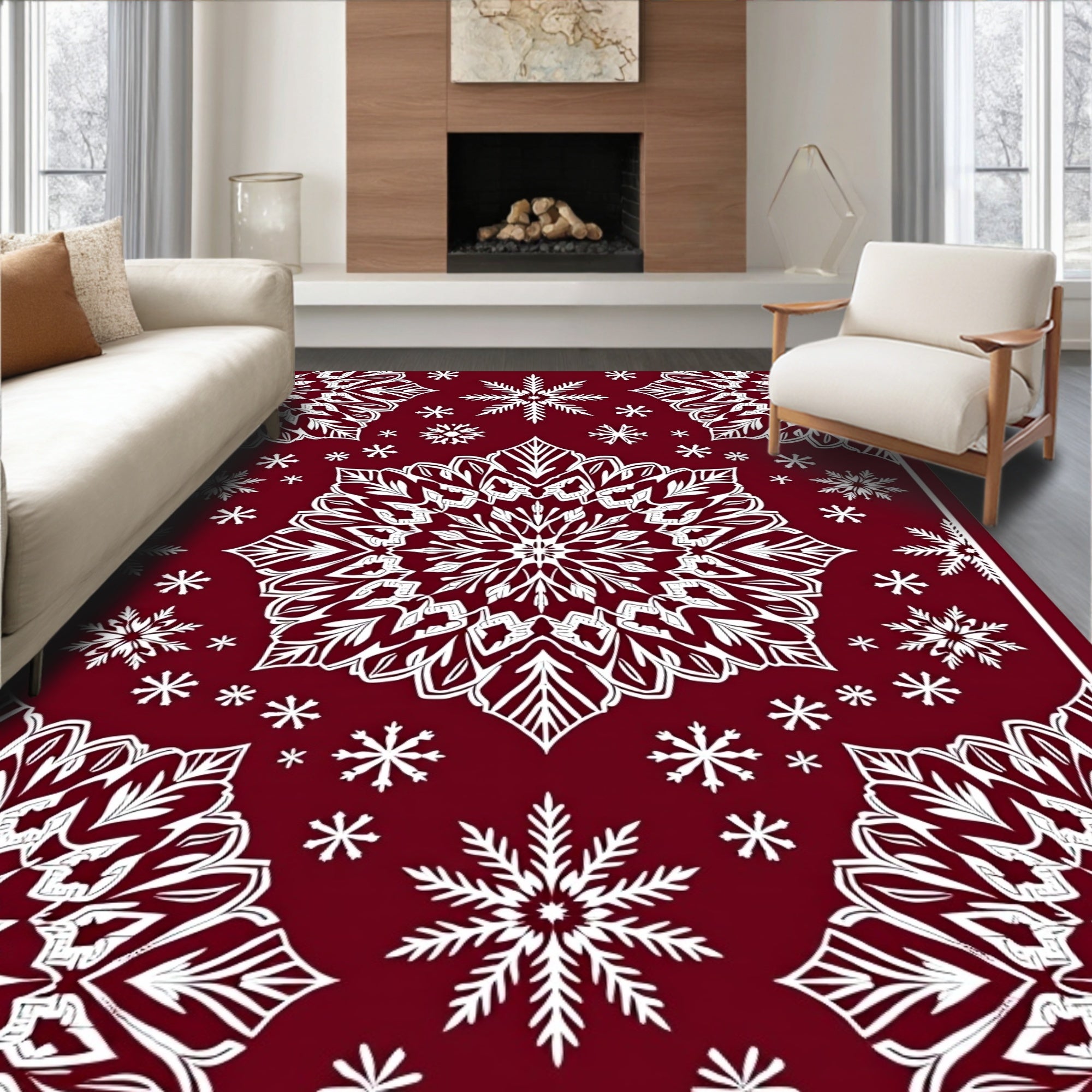 Ornate White Snowflake Mandala Crimson Rug
