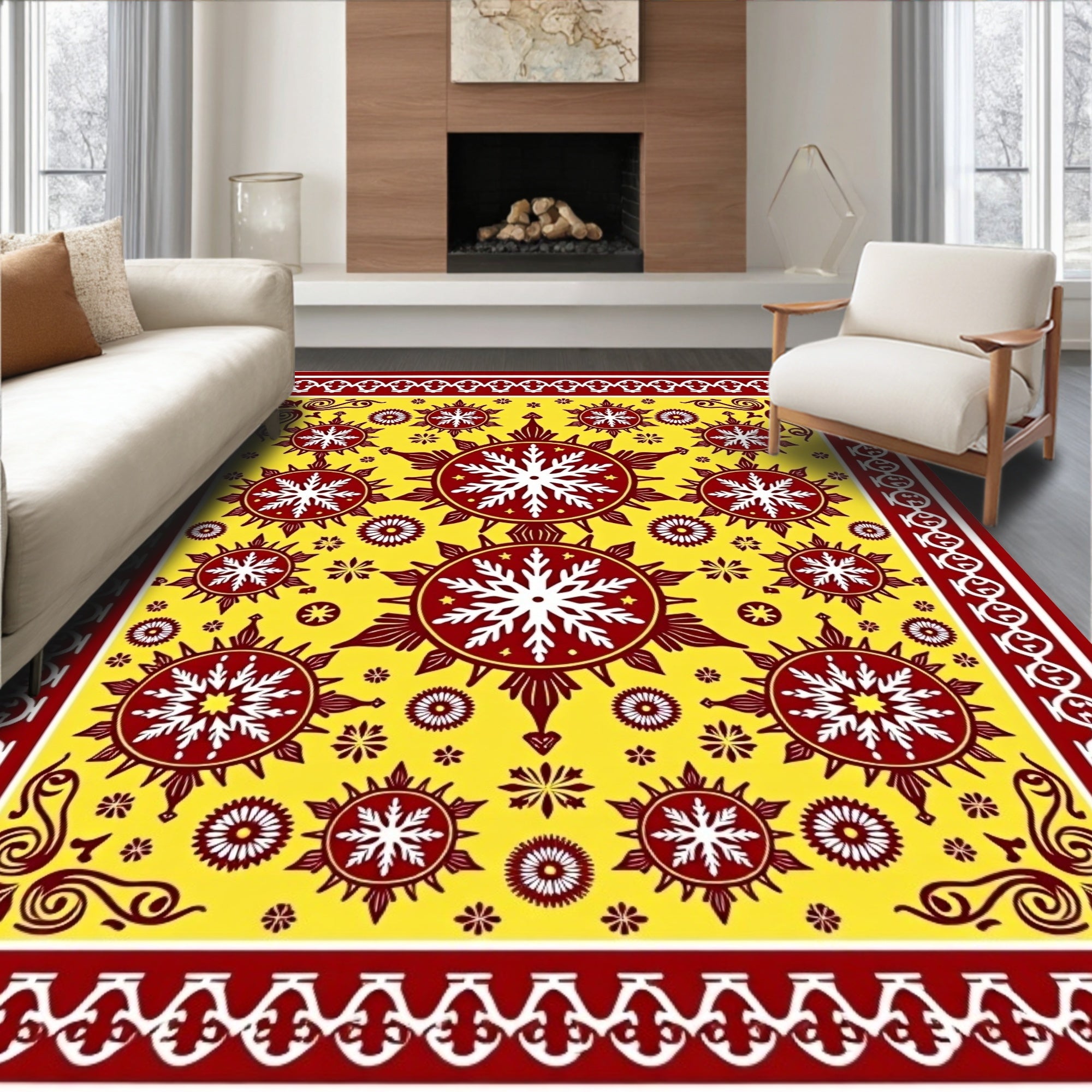 Crimson Yellow Starburst Roundels Rug