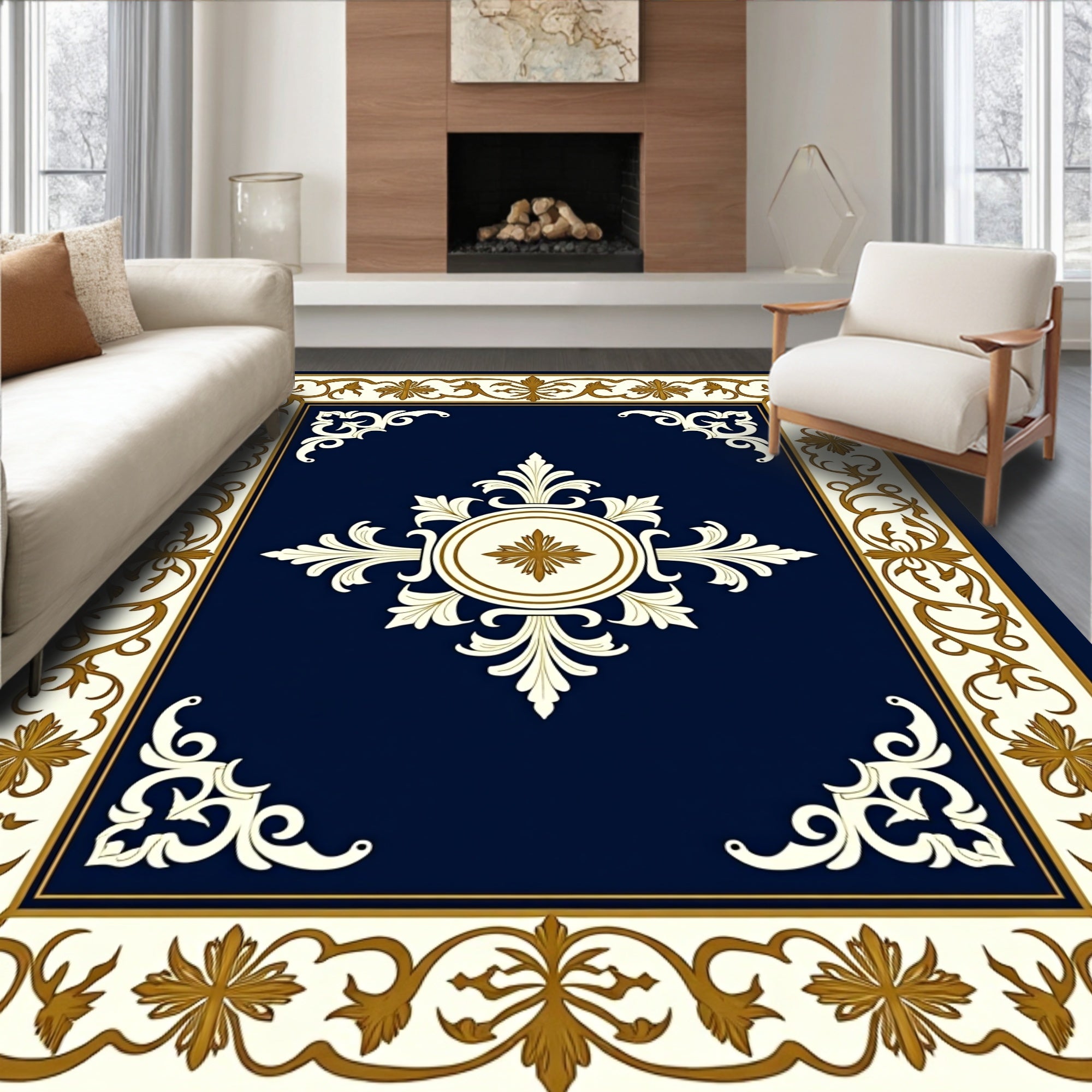 Elegant Ivory Gold Floral Medallion Rug