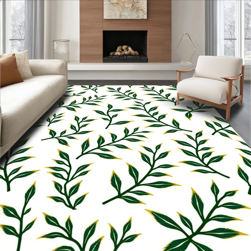 Dark Green Leafy Branches White Background Rug