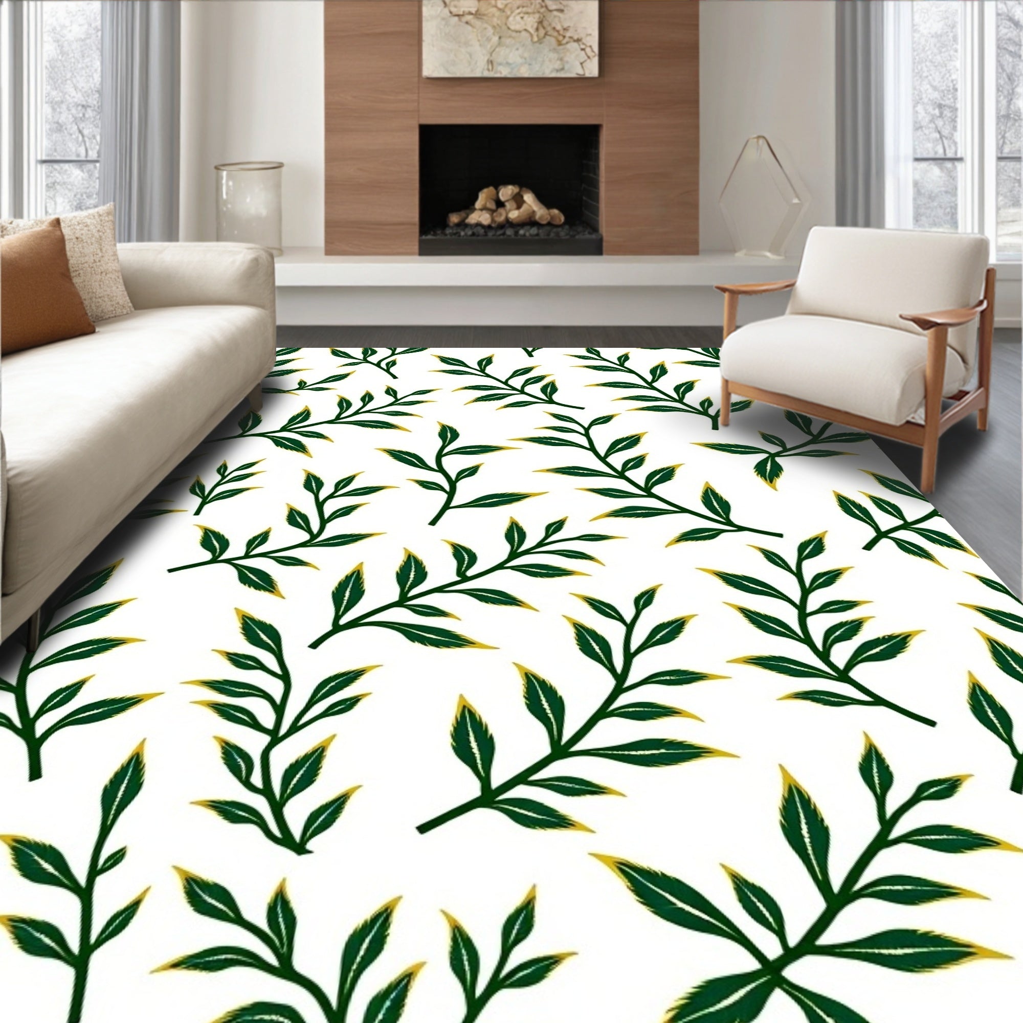 Dark Green Leafy Branches White Background Rug