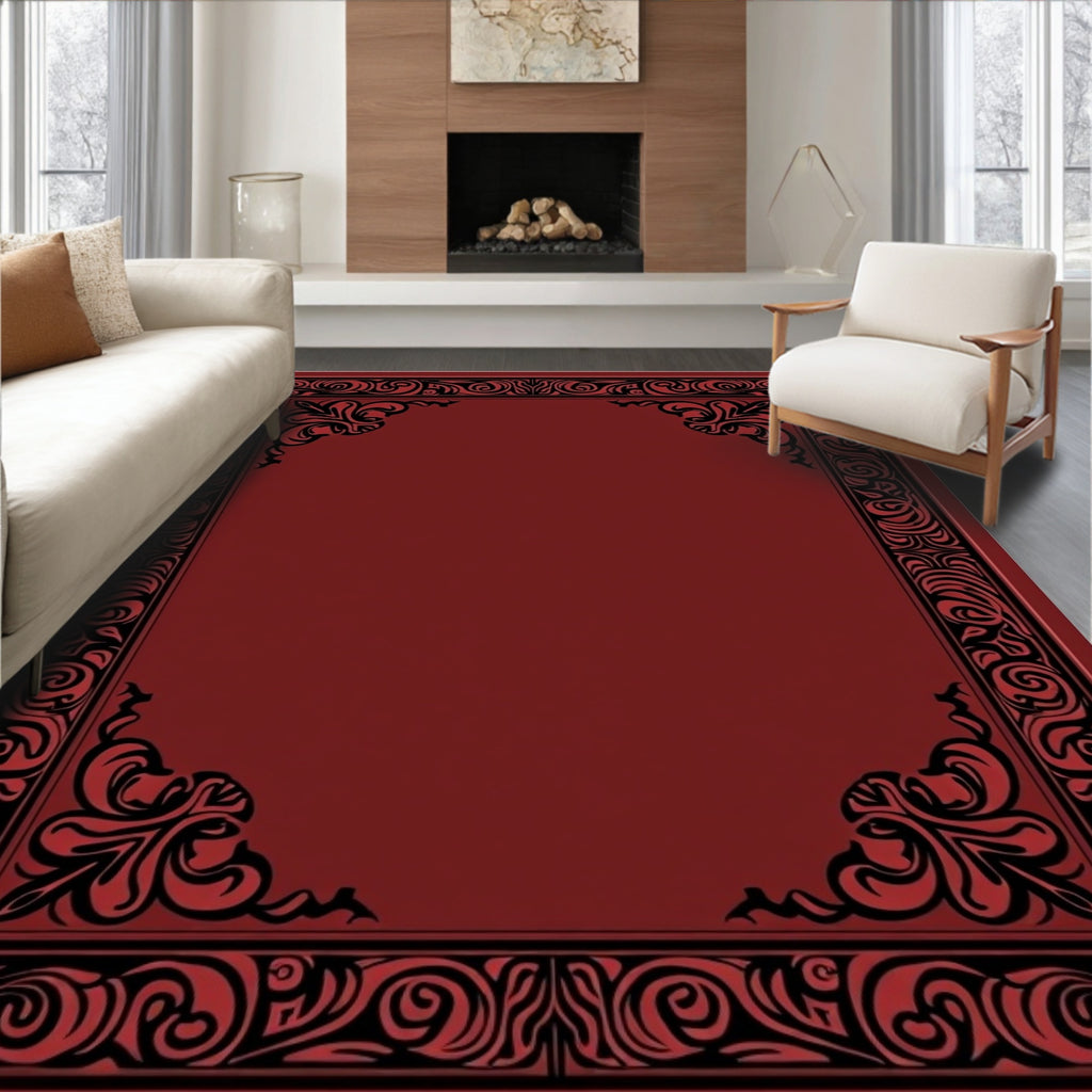 Deep Crimson Black Scrollwork Frame Rug