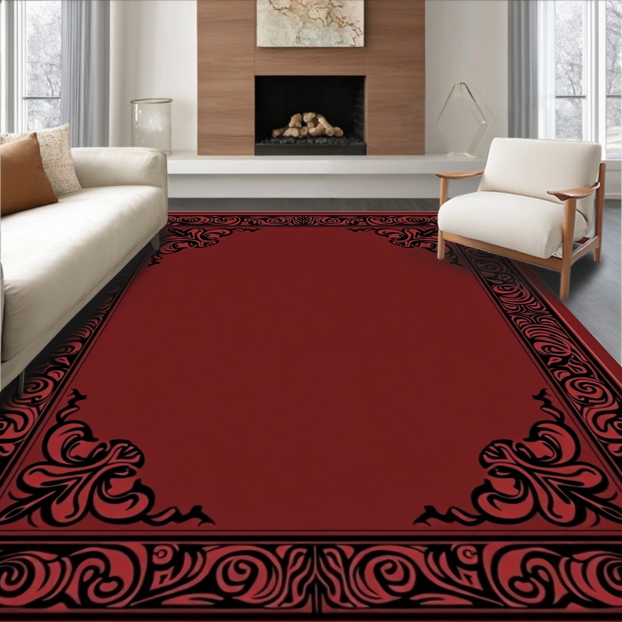 Deep Crimson Black Scrollwork Frame Rug