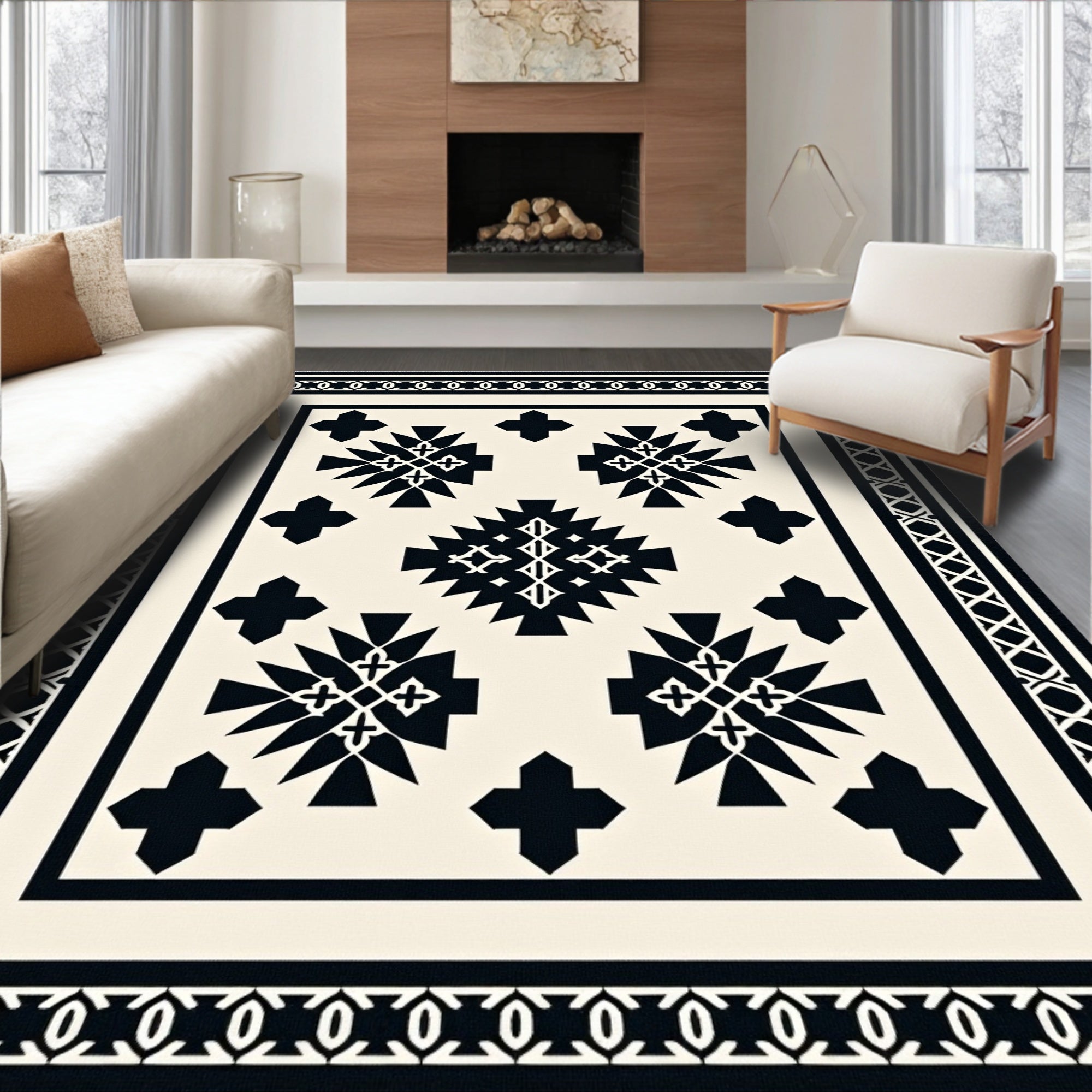 Black White Geometric Medallion Sunburst Rug