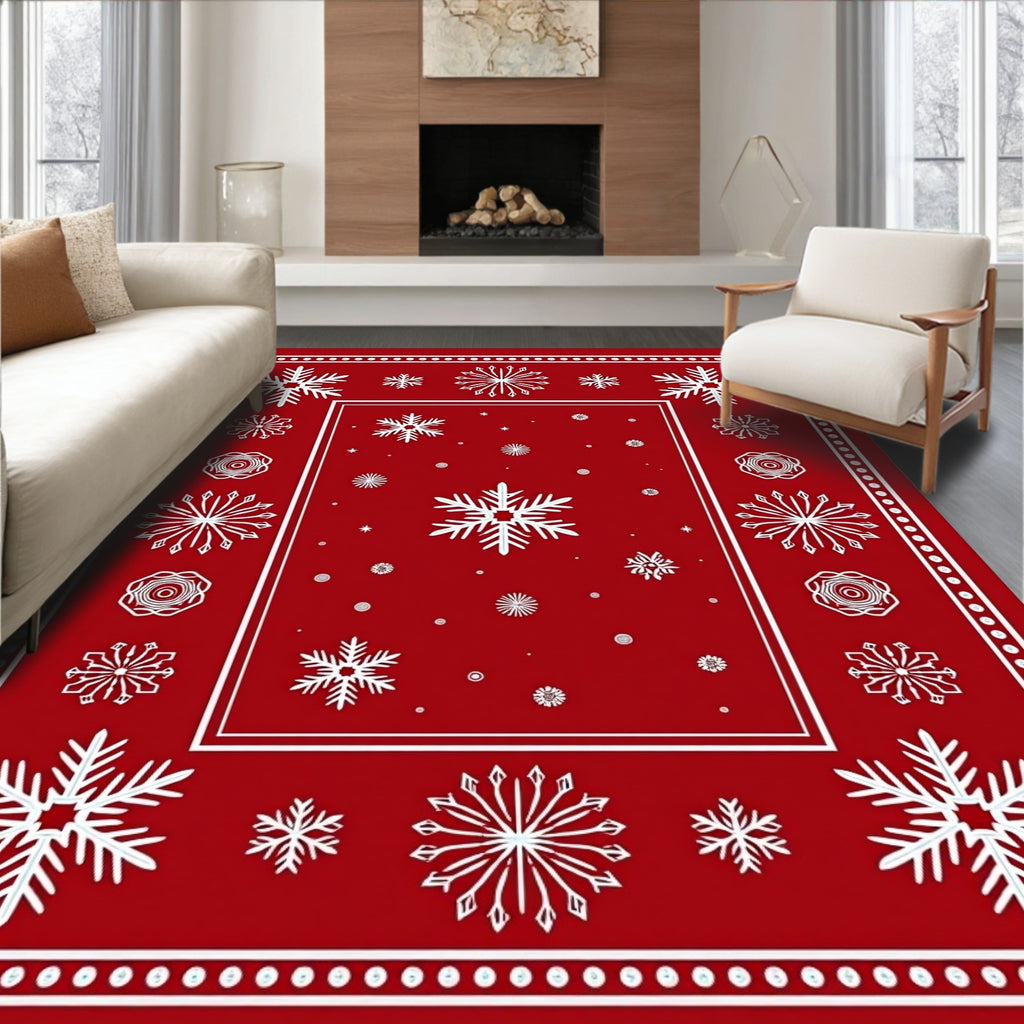 Crimson White Snowflake Border Rug