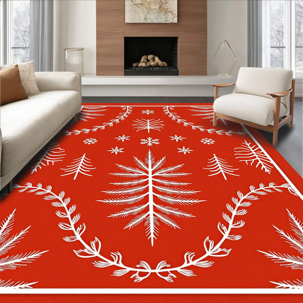 Crimson and White Winter Forest Snowflakes Rug